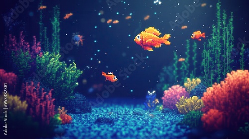 Nostalgic Pixelated Fish in Retro Underwater Scene with Empty Blue Space.