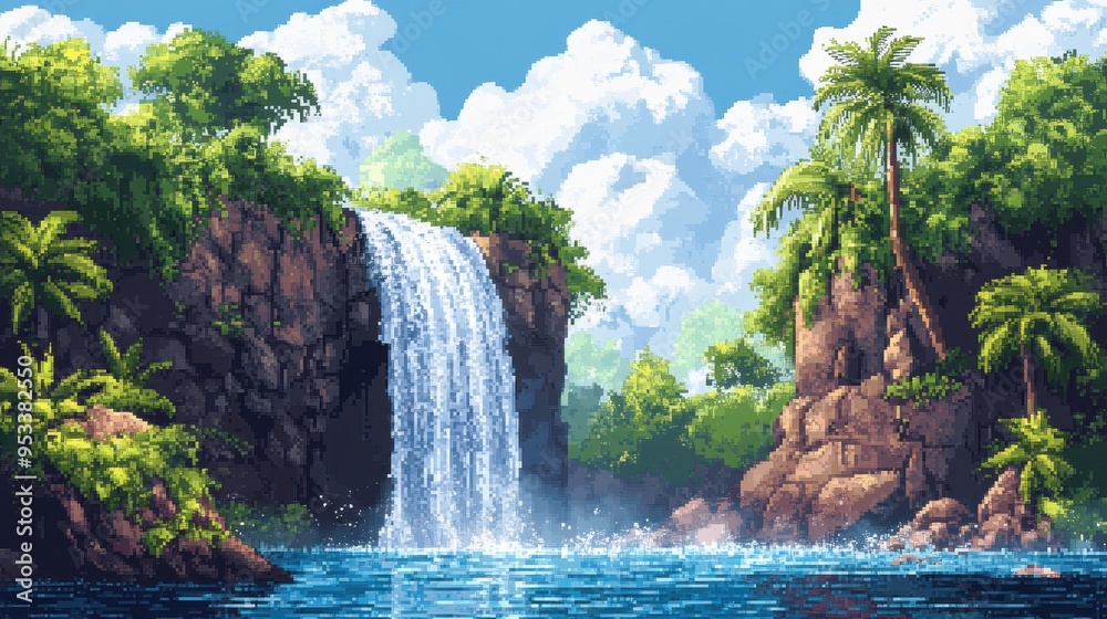 Fototapeta premium Retro 8-Bit Jungle Landscape with Waterfall and Open Water - Vintage Video Game Style Background with Copy Space.