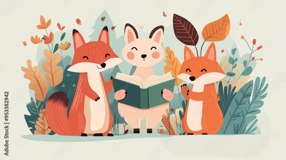 Three cartoon animals reading a book together in autumn foliage. Cute and educational illustration.