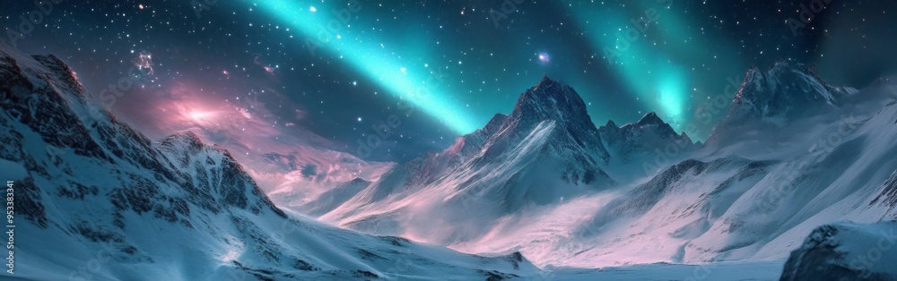 Aurora Borealis over Snow-Capped Peaks, a breathtaking display of vibrant colors dancing across the night sky, casting a magical glow on the pristine snowy landscape.