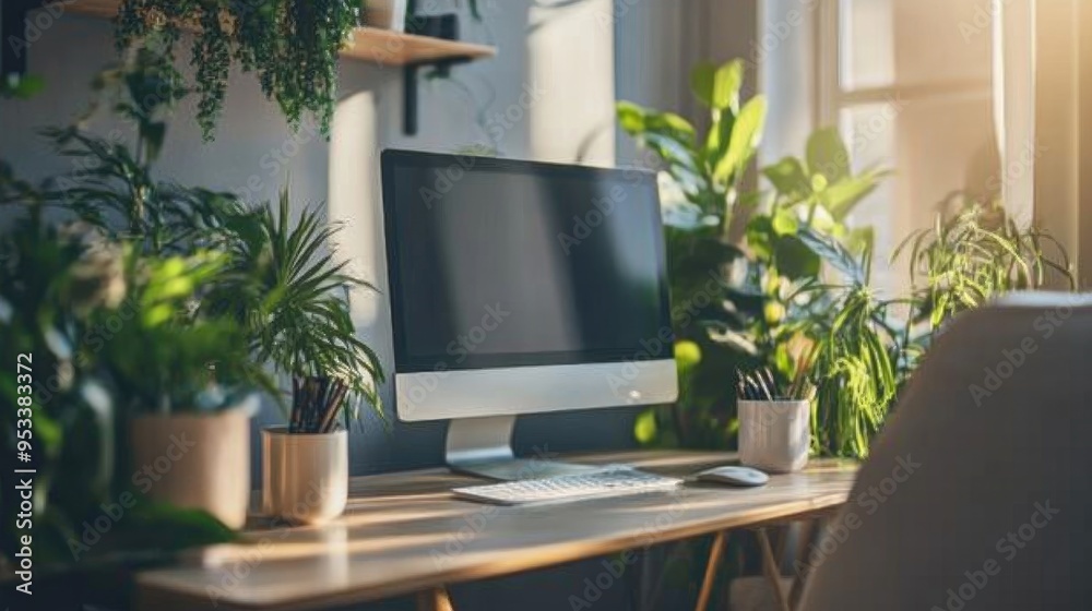 Fototapeta premium Modern workspace with a computer, plants, and natural light.