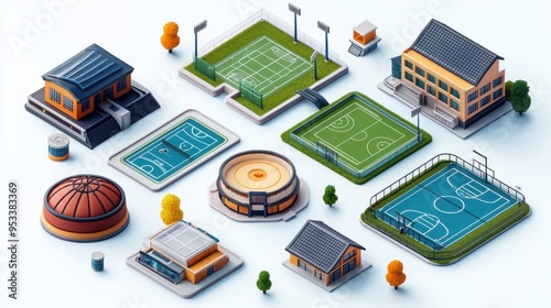 Dynamic 3D Illustrated Sports Stadium Icons for App Interface Design