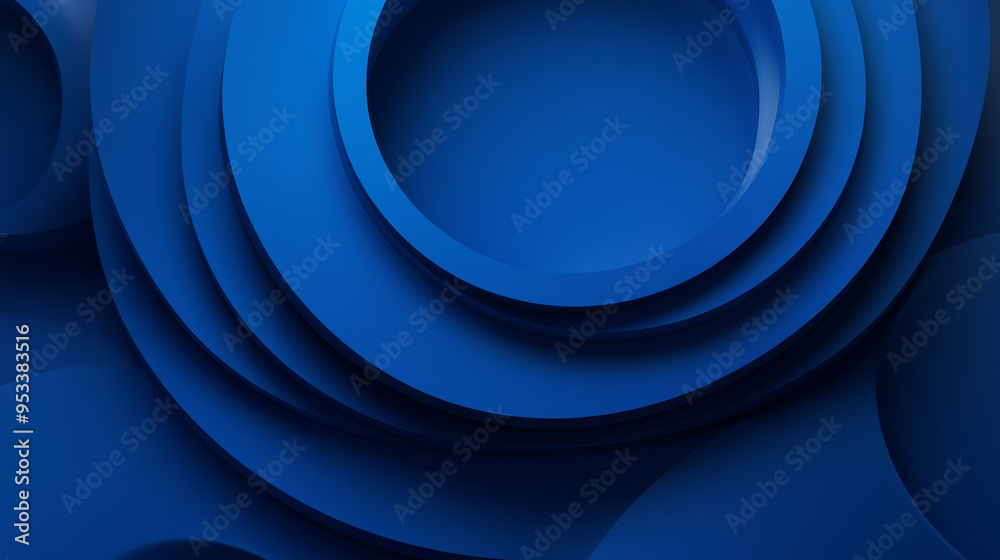 The minimal 3D rendering of abstract blue circles against a dark blue background offers a sleek, modern, and sophisticated visual. The geometric simplicity of the circles combined with the rich dark