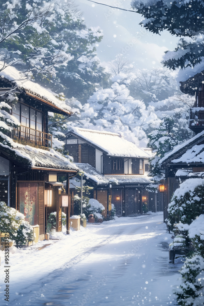 Fototapeta premium A cozy suburban Japanese townscape in various seasons, with traditional Wabi-sabi homes featuring small, beautifully simple gardens with snow and Sakura blossom