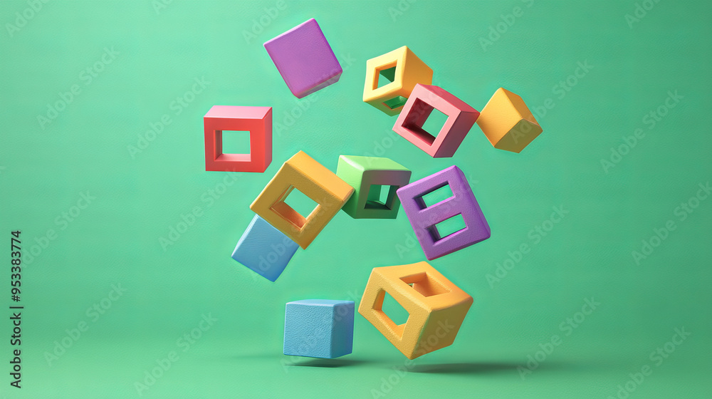 Obraz premium The 3D render of twisted multicolor block shapes against a green background is visually striking and modern. The use of vibrant colors and dynamic twisting effects creates a sense of motion and depth,