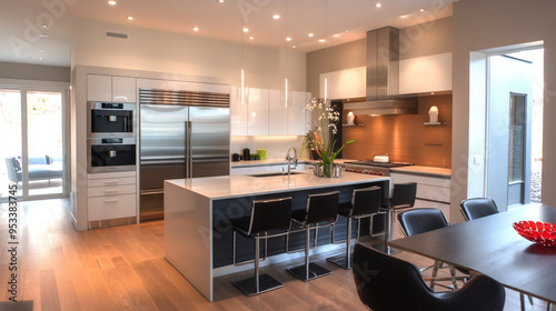 Modern mid century modern interiors in luxury kitchens in residential kitchens. Generative AI
