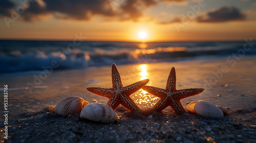 Two starfish and seashells ...