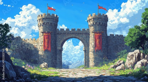Enchanting 16-Bit Pixel Castle Gate with Banners and Copy Space in Sky