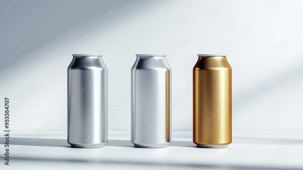 Three aluminum cans, one silver, one gold, and one brushed silver, on white background. Three aluminum cans, one silver, one gold, and one brushed silver, on white background.
