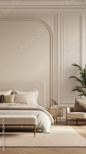 This is a modern interior. It is finished with white walls and has a white bed and pillows for comfortable rest. This is a photo of a bedroom with minimalist interior design. Generative AI