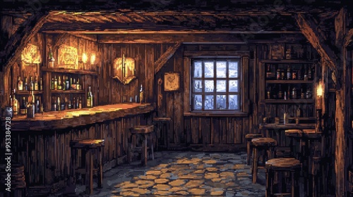 Pixelated Medieval Tavern Interior with Blank Wooden Wall for Text
