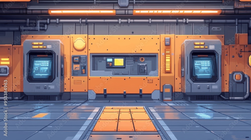 Obraz premium Futuristic 16-Bit Space Station Interior with Robot and Copy Space, Sci-Fi Technology Background