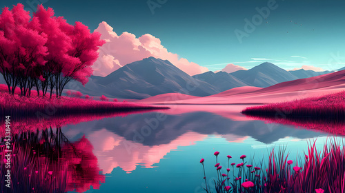 Vibrant pink trees by a lake reflecting a mountain landscape.