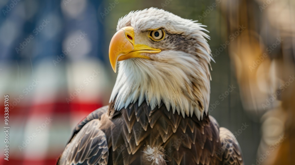 Naklejka premium Bald Eagle Portrait with American Flag Background