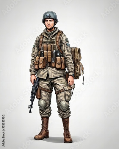 a cartoon soldier with a gun and a backpack.