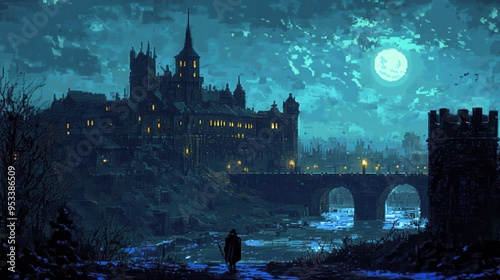 Retro 8-Bit Pixelated Medieval Fortress with Copy Space, Nostalgic Video Game Background