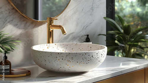 White ceramic sink with gol...