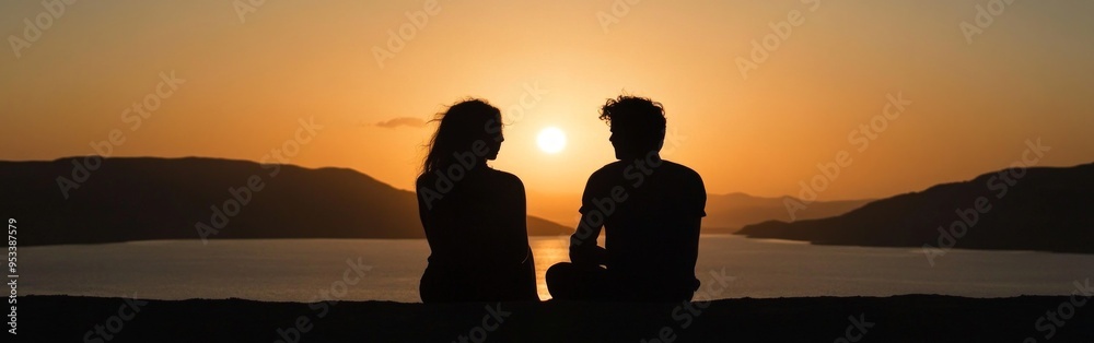 Couple Embracing the Sunset, a romantic scene of two figures in silhouette against a vibrant sky, capturing a moment of connection and tranquility as day turns to night. Couple Embracing the Sunset, a romantic scene of two figures in silhouette against a vibrant sky, capturing a moment of connection and tranquility as day turns to night.