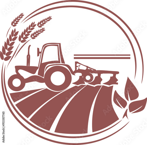 Tractor cultivates the field, isolated monochrome logo. Agriculture sign.  Symbol for design, logo. Vector illustration.
Agricultural production logo with a silhouette icon of a tractor plowing a fiel
