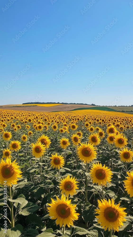 Naklejka premium Vibrant Sunflower Field under a Brilliant Blue Sky, A breathtaking expanse of golden sunflowers swaying gently in the breeze, radiating warmth and joy beneath a cloudless azure backdrop