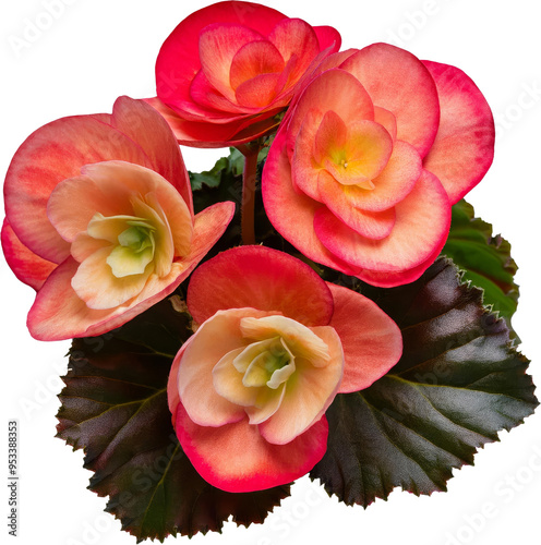 Vibrant begonia flowers in shades of pink and peach, showcasing their delicate petals and lush green leaves. photo