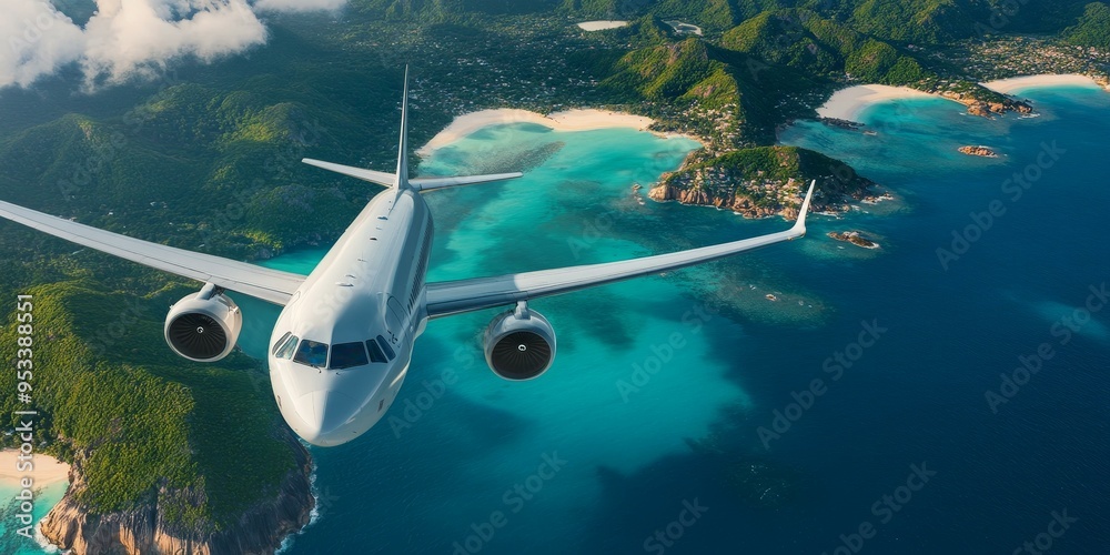Fototapeta premium Airplane flies over a tropical island.