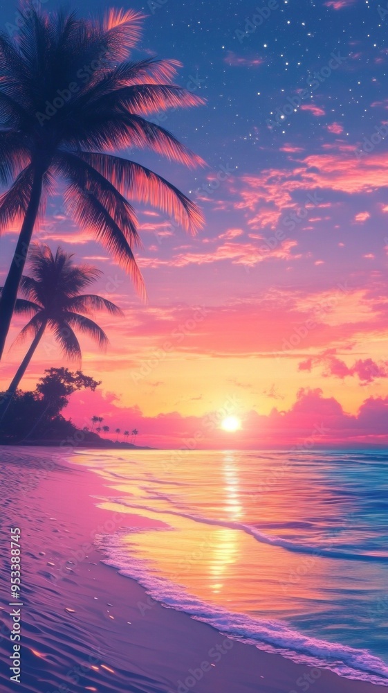 Tropical Paradise, a serene beach adorned with swaying palm trees, the sky ablaze with vibrant hues of orange and pink, waves gently lapping at the shore, a tranquil escape. Tropical Paradise, a serene beach adorned with swaying palm trees, the sky ablaze with vibrant hues of orange and pink, waves gently lapping at the shore, a tranquil escape.