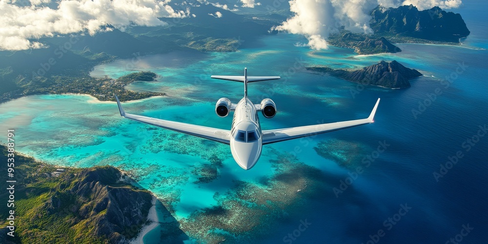 Fototapeta premium A private jet flies over a tropical island chain.