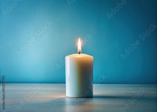 Serene ambiance: a lone, pure white candle with gentle flame, set against a soft, gradient blue background, evoking calmness and peaceful contemplation.