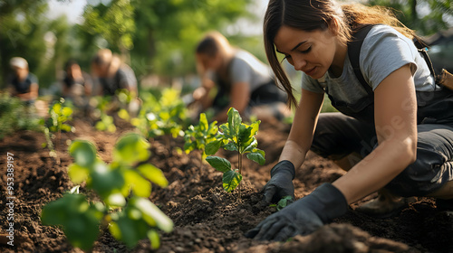 Woman planting a sapling in...