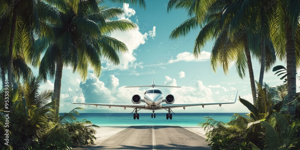 Fototapeta premium Private jet landing on tropical runway.