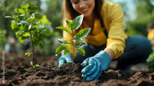 Woman planting a young tree...