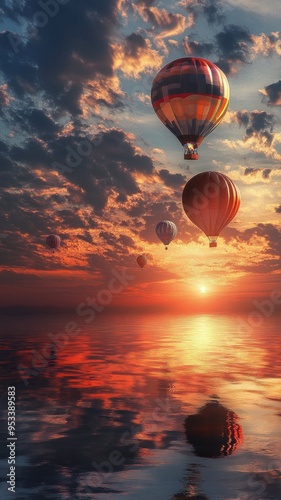 Whimsical hot air balloons drift gracefully against a vibrant sunset sky, casting colorful silhouettes, creating a serene and enchanting atmosphere.