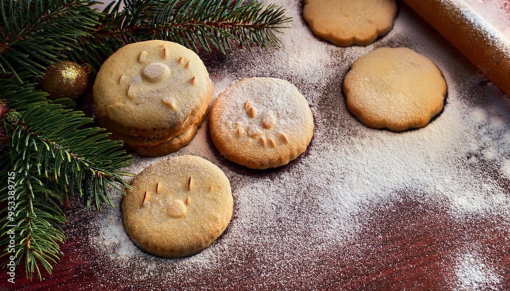 Cookies on a floured work surface, Christmas background