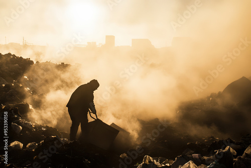Worker at a landfill site in a cloud of dust during sunrise.