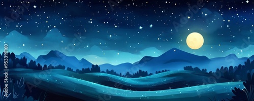 Magical Hand-Drawn Cartoon Night Starry Sky Landscape - Whimsical Fantasy Illustration with Shooting Stars and Clouds