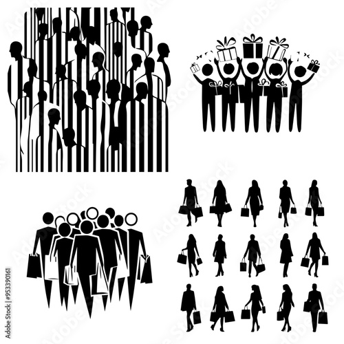 Black Friday Shopping Frenzy Stylized Vector Graphics of Crowds, Gifts, and Shoppers Illustration