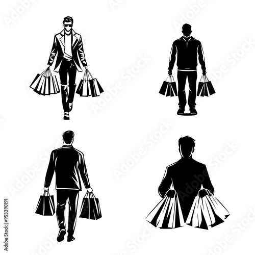 Shopping Spree Silhouetted People with Bags - Modern Consumerism Icon Set