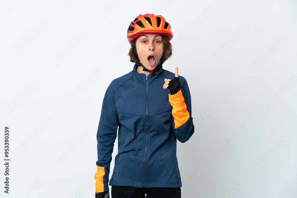 Young English cyclist woman isolated on white background intending to realizes the solution while lifting a finger up Young English cyclist woman isolated on white background intending to realizes the solution while lifting a finger up