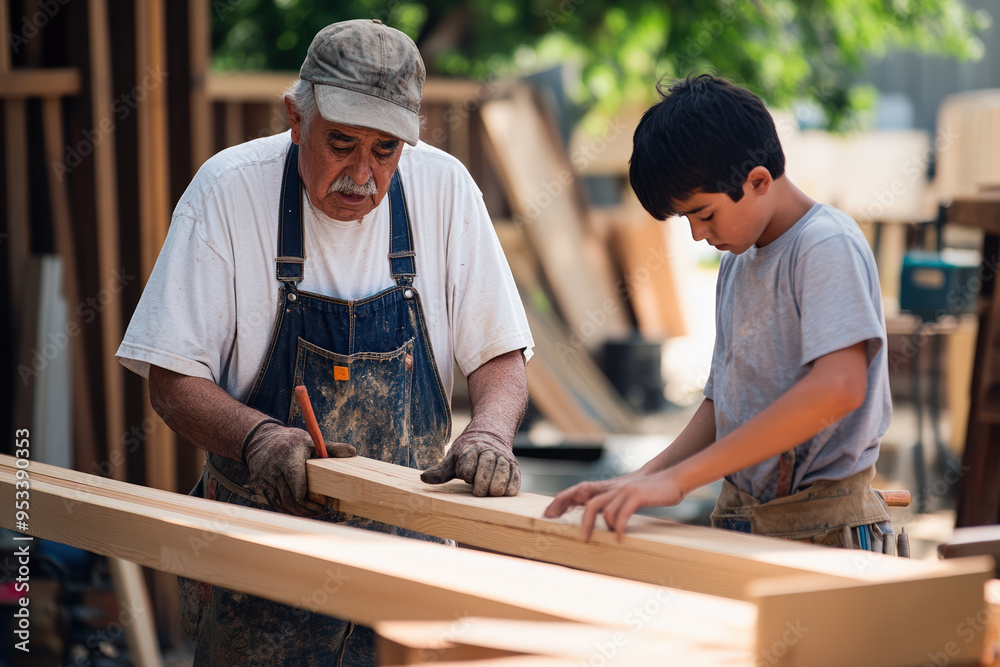 Elderly carpenter teaching young boy woodworking skills.