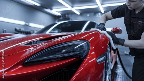 Professional Auto Detailing: Polishing a Red Sports Car in a Modern Garage