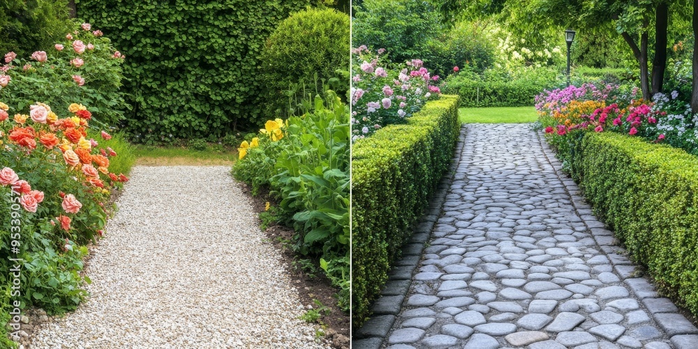 Obraz premium Two paths in a garden, one gravel, one stone.