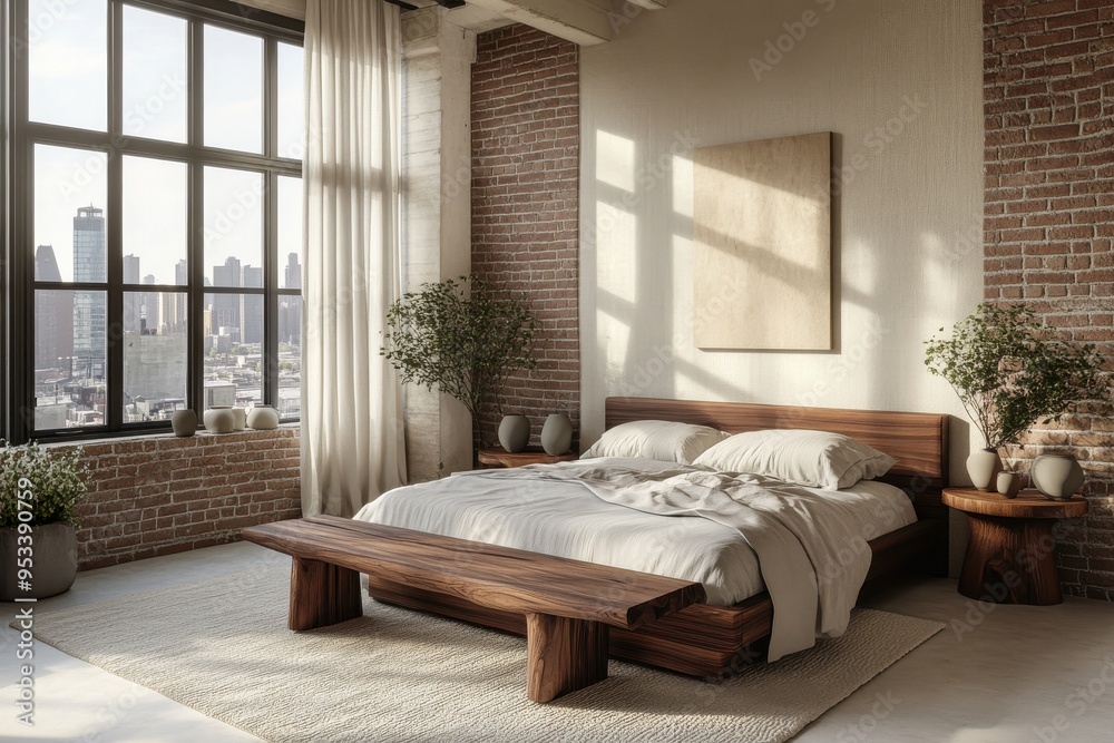 Fototapeta premium Minimalist bedroom with a wooden bed, white walls, and a brown rug