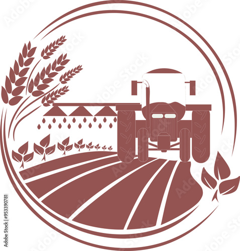 Tractor watering, plants and fertilizing fields isolated monochrome icon. Agriculture sign.  Symbol for design, logo. Vector illustration.
Agricultural production logo with tractor irrigation silhouet