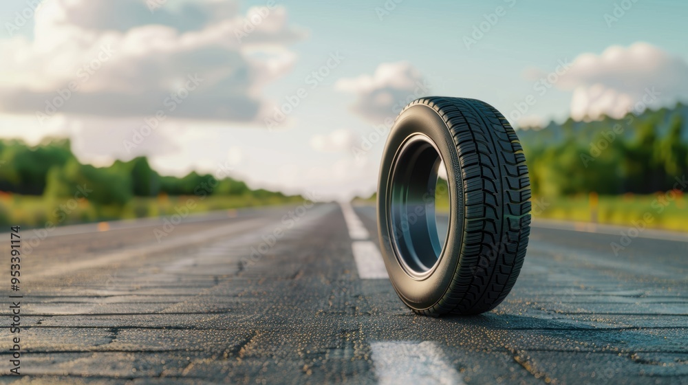Car tire are standing in a highway. key visual, clean road. Car tire are standing in a highway. key visual, clean road.