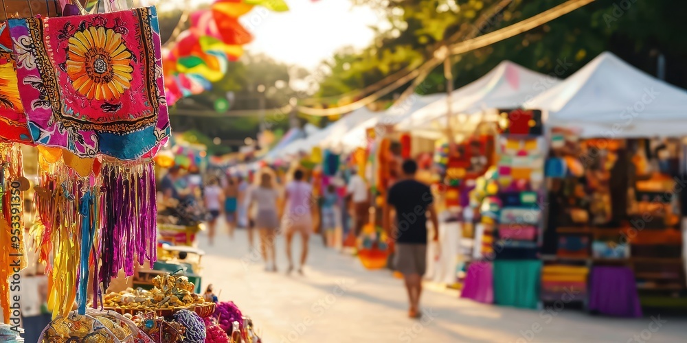 Fototapeta premium Colorful Fabric Market Stall with Blurred Background of People Shopping