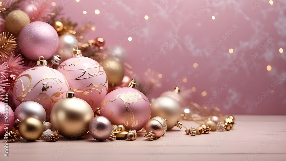 Superior Christmas decorations. Festive Background in Pastel Pink and Gold. Superior Christmas decorations. Festive Background in Pastel Pink and Gold.