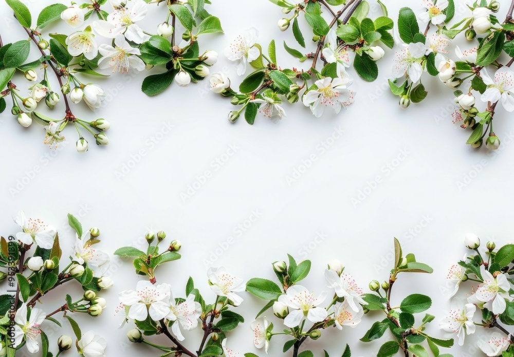 Fototapeta premium Delicate white cherry blossoms with green leaves arranged on a light background