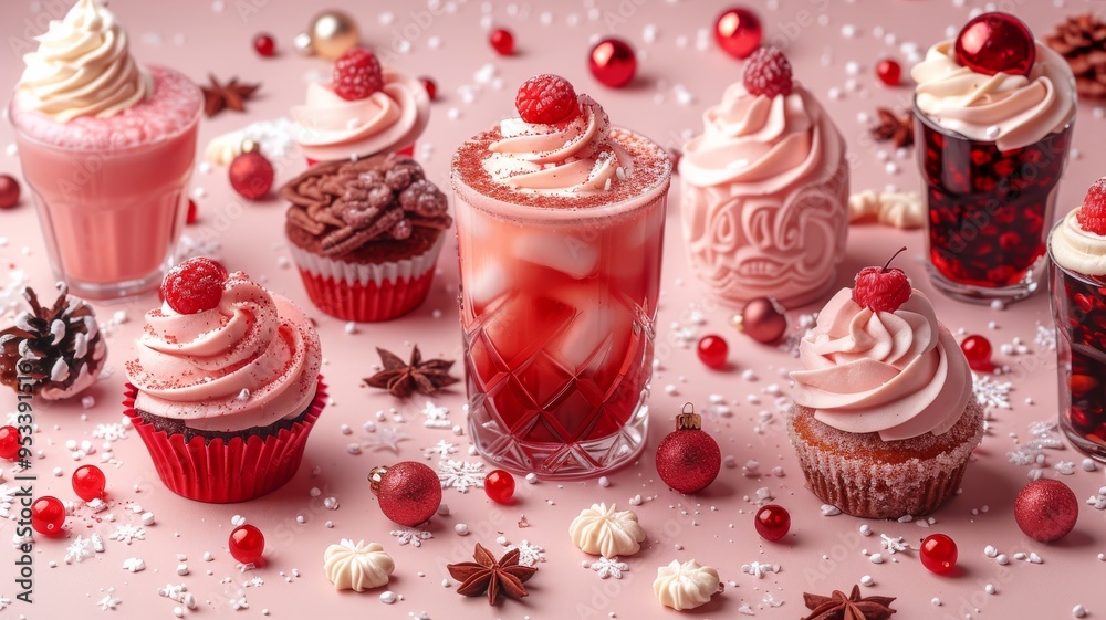 A lively and energetic pattern of hot pink festive drinks like hot cocoa and cocktails, along with holiday treats like cupcakes and cookies A lively and energetic pattern of hot pink festive drinks like hot cocoa and cocktails, along with holiday treats like cupcakes and cookies