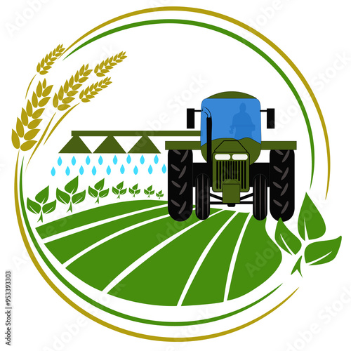 Tractor watering, plants and fertilizing field isolated icon. Agriculture sign.  Symbol for design, logo.  illustration.
Agricultural production logo with a silhouette icon of a tractor watering